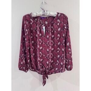 West Kei Animal Print Keyhole Long Sleeve Tie Front Blouse XS New Office Career